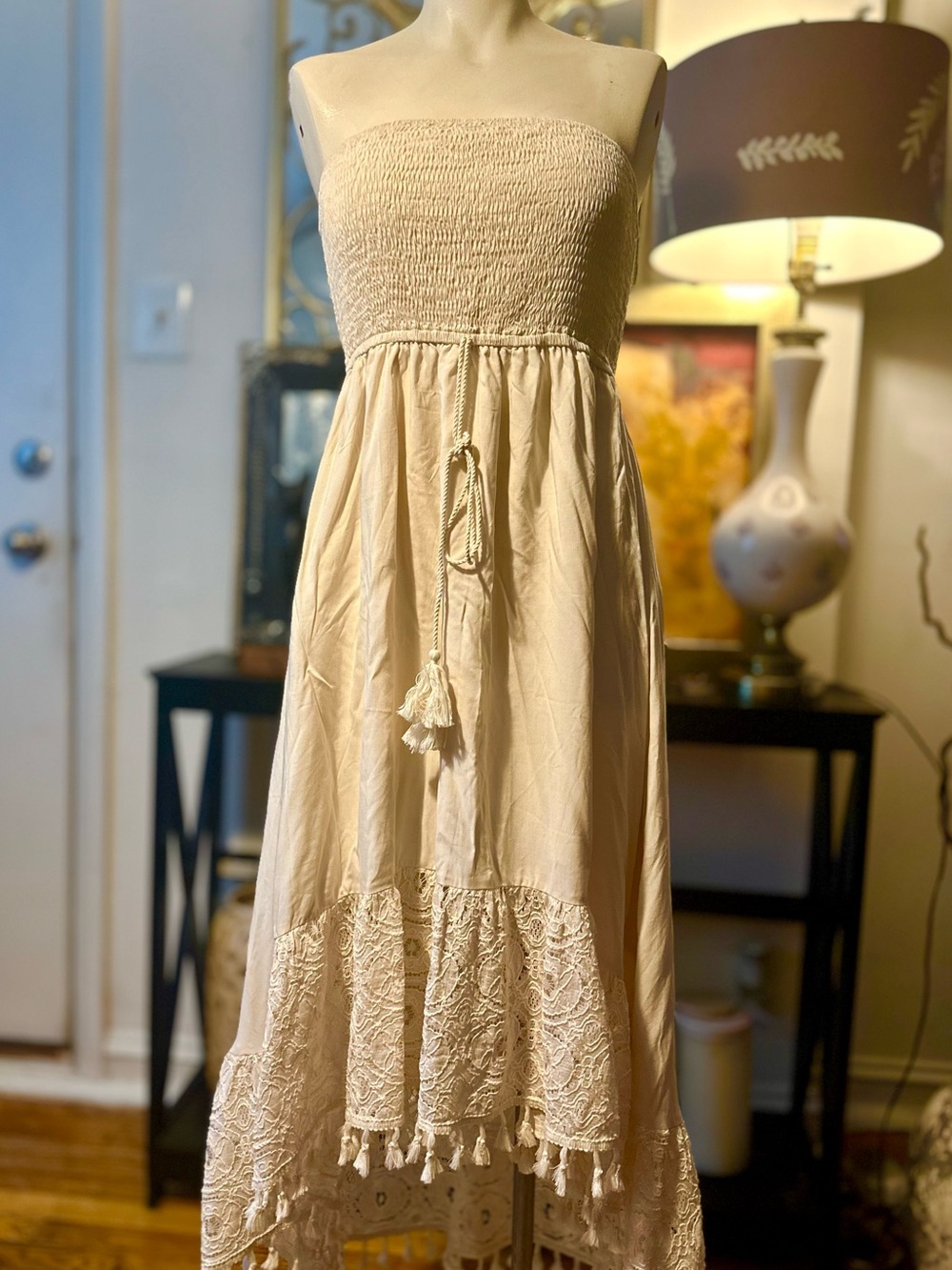 Boho Strapless Maxi Dress in Cream with Tassel Tie